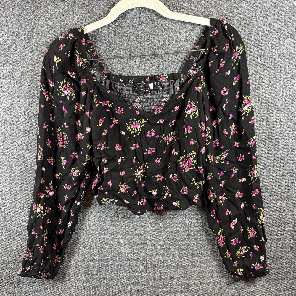 Vero Moda Cropped Puff Sleeve Blouse Top Womens S Black Floral Smock Back Boho